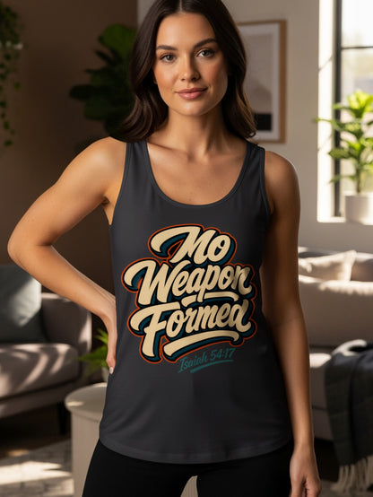 Dark gray tank top with "No Weapon Formed" and "Isaiah 54:17" text.