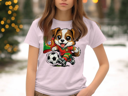 Cartoon dog wearing Portugal soccer jersey kicking a ball with flag.
