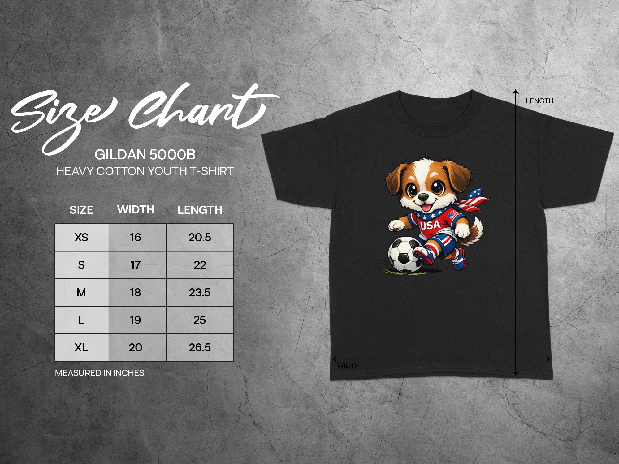 Gildan 5000B youth t-shirt size chart with width and length measurements in inches.