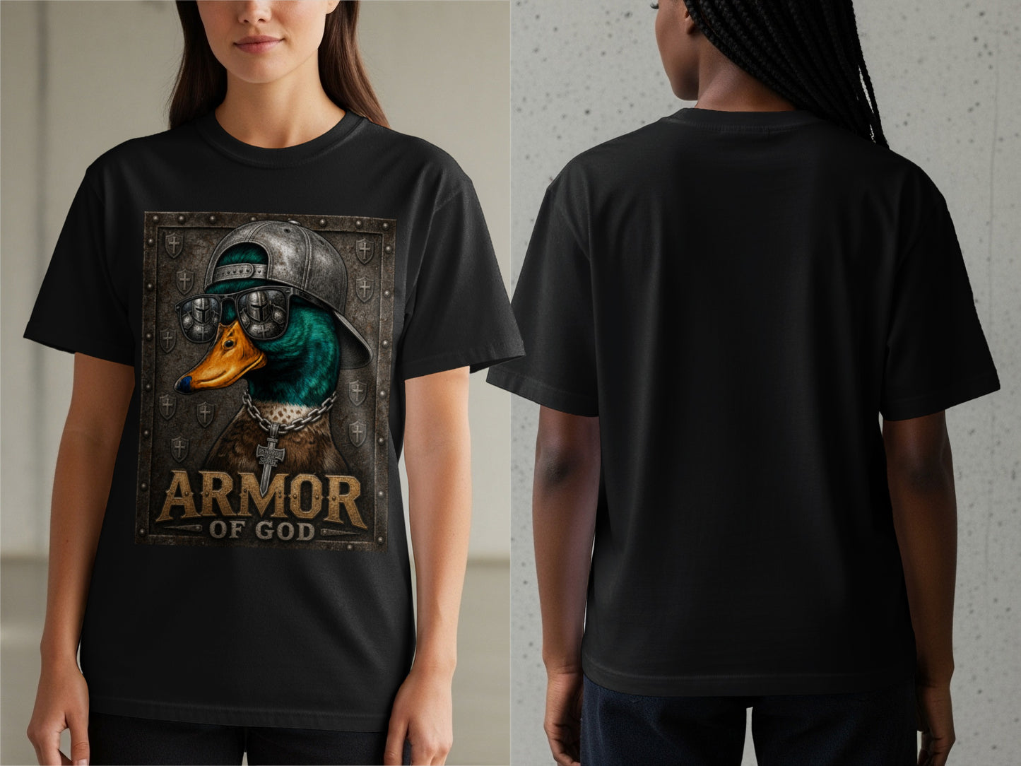 Black t-shirt with a graphic of a duck wearing sunglasses and a cap, text says "Armor Of God".