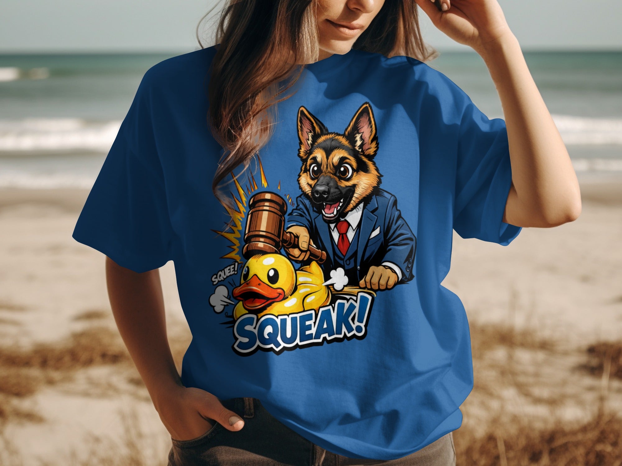 German shepherd in a suit hammers a rubber duck that says "Squeak!"