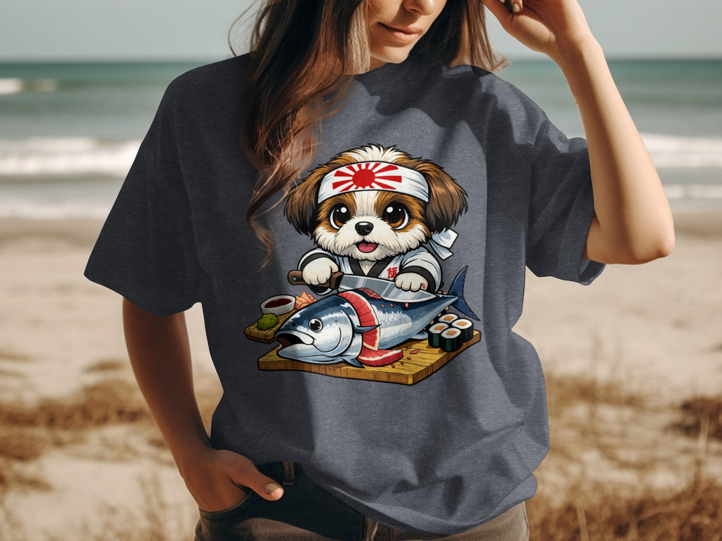 Illustration of a dog chef in a bandana preparing sushi by a beach.