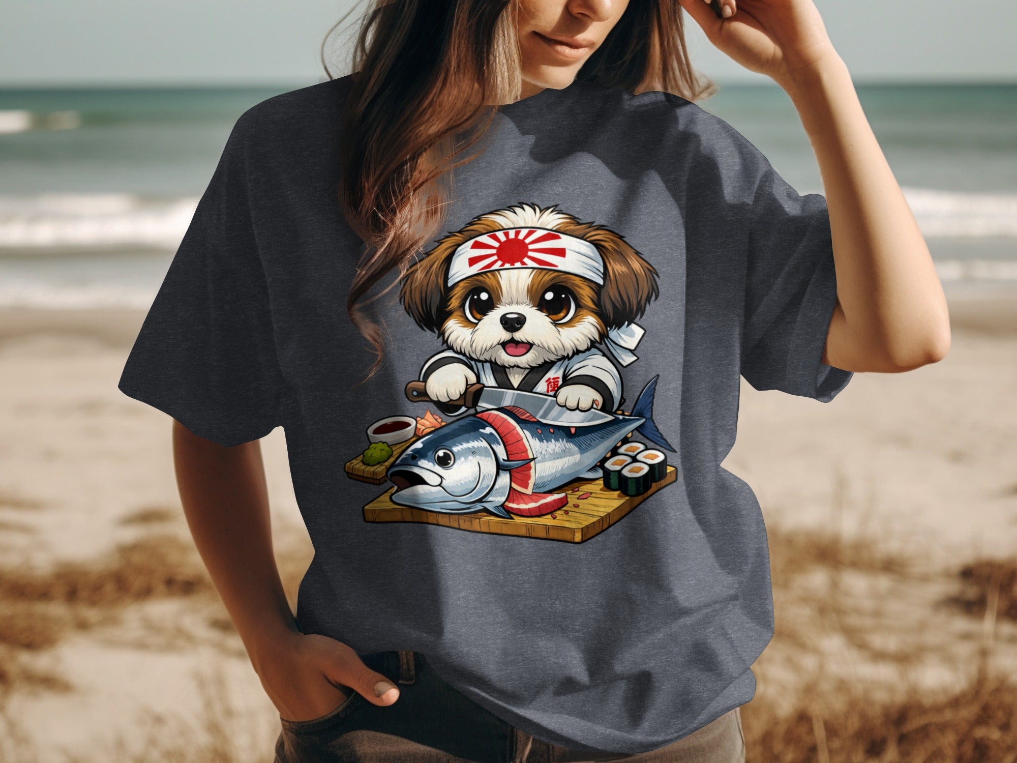 Illustration of a dog chef in a bandana preparing sushi by a beach.