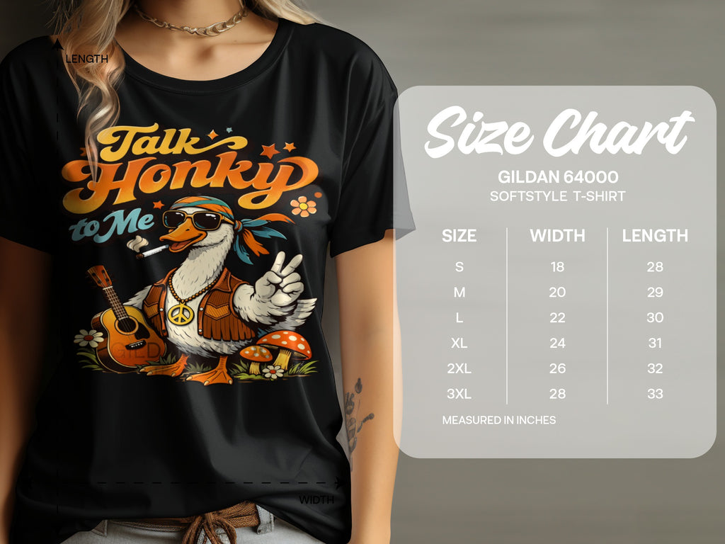 Black t-shirt with "Talk Honky to Me" graphic featuring a duck and a size chart.