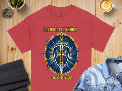 Red t-shirt with "I CAN DO ALL THINGS" and Philippians 4:13 scripture.