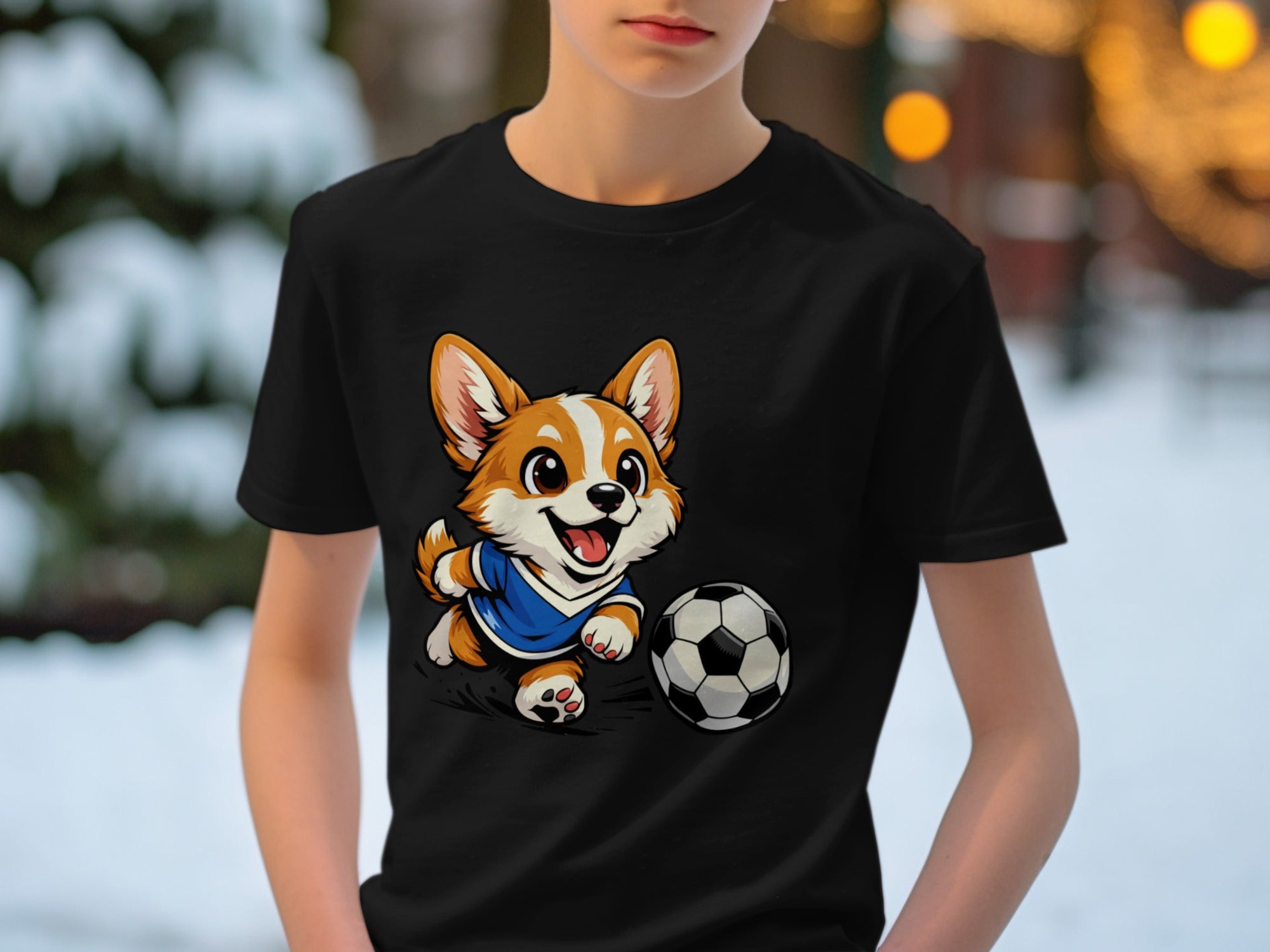 Cartoon corgi wearing a soccer jersey plays with a soccer ball.