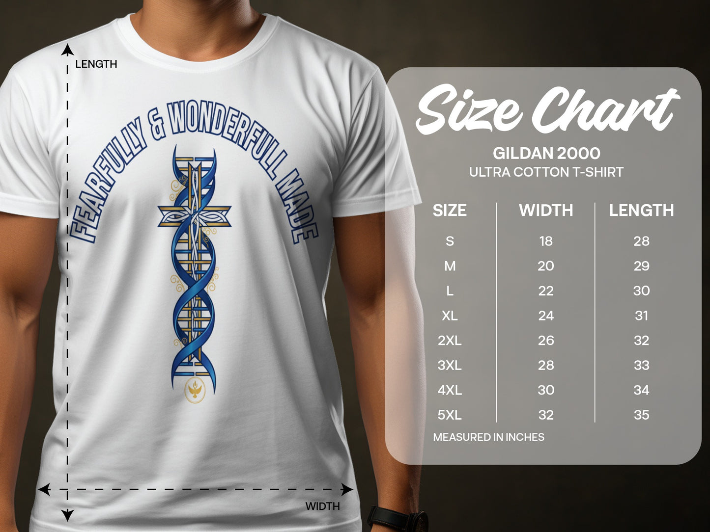 White t-shirt with DNA cross graphic and Gildan 2000 size chart.