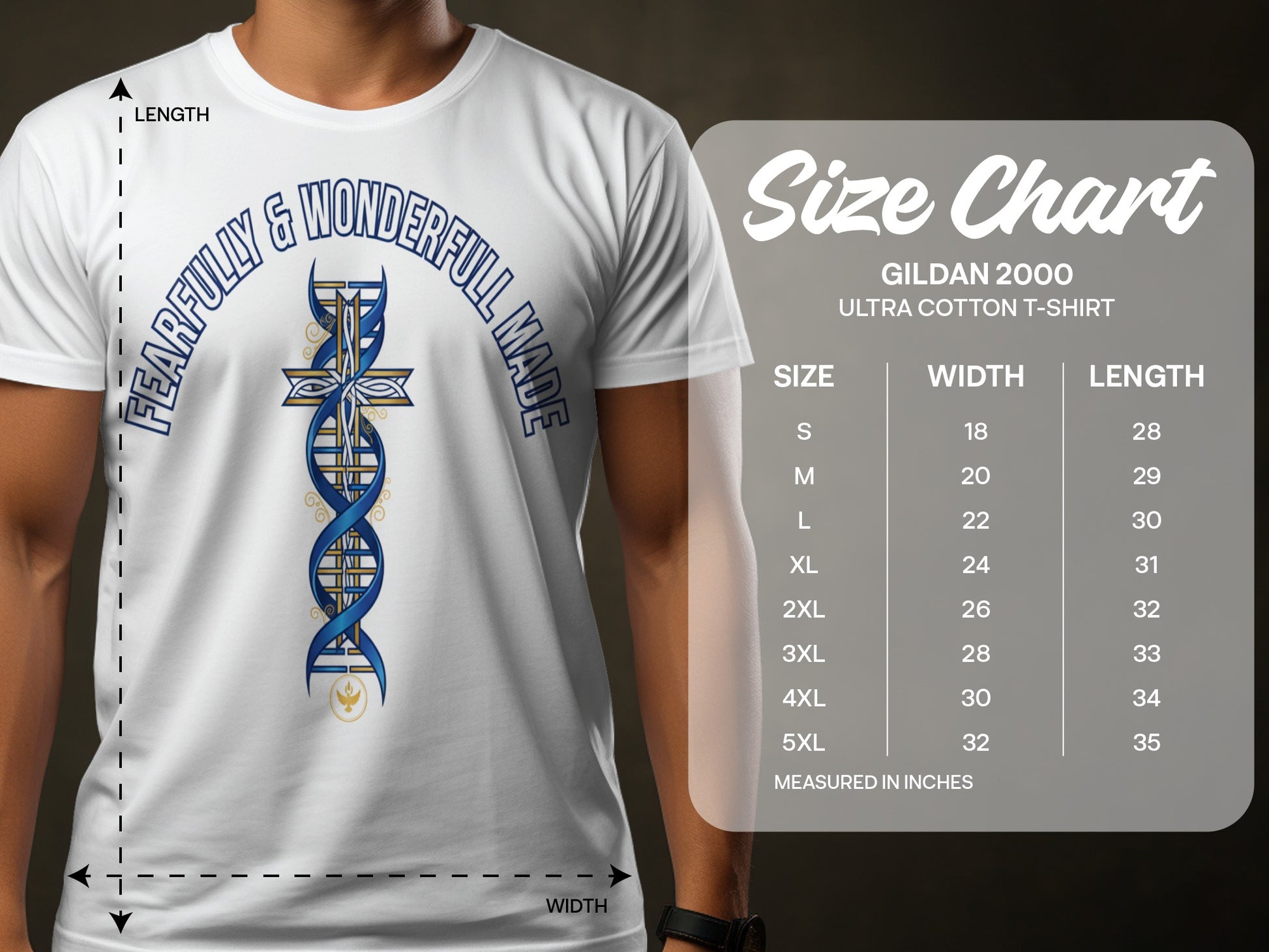 White t-shirt with DNA cross graphic and Gildan 2000 size chart.