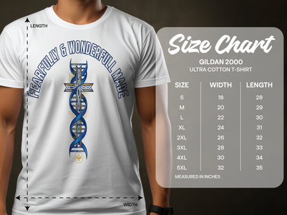 White t-shirt with DNA cross graphic and Gildan 2000 size chart.