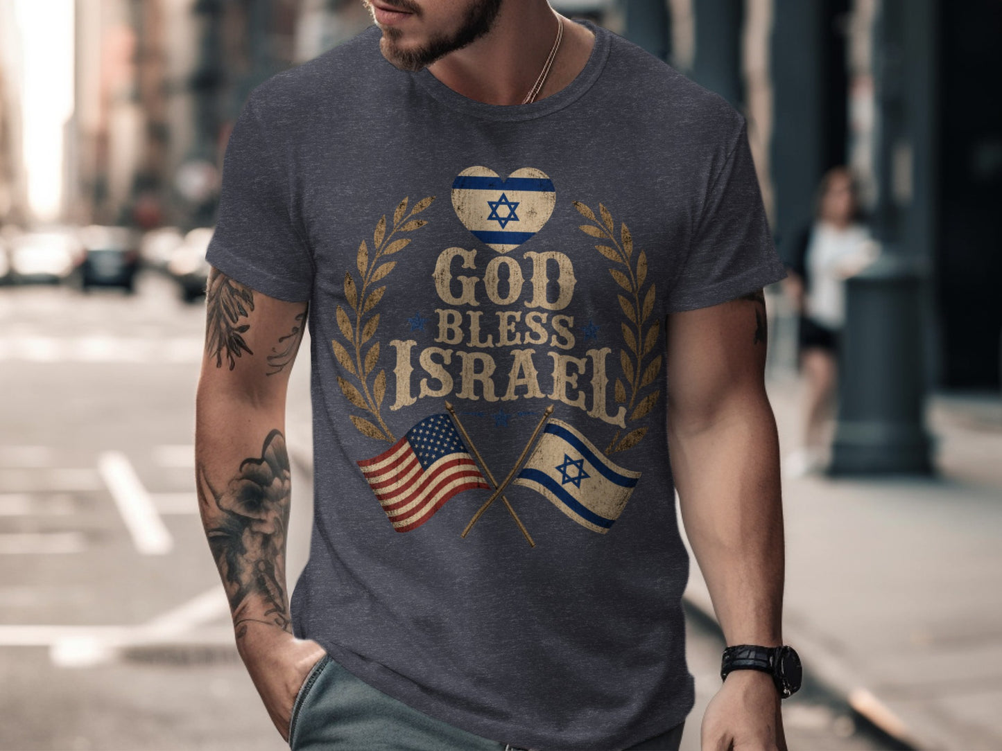 T-shirt with God Bless Israel text, Israeli and US flags, and laurel wreath.
