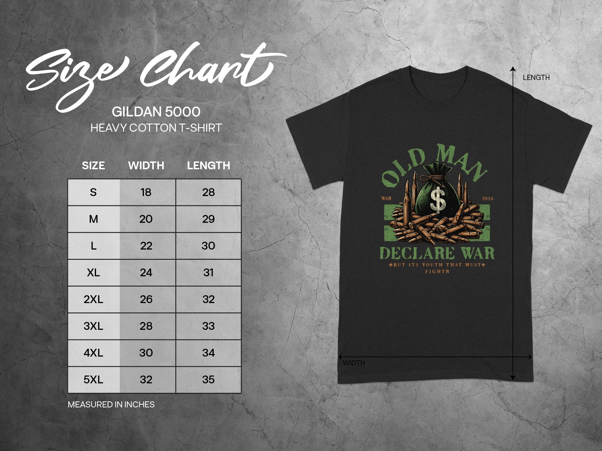 Gildan 5000 size chart for heavy cotton t-shirts measures width and length in inches.