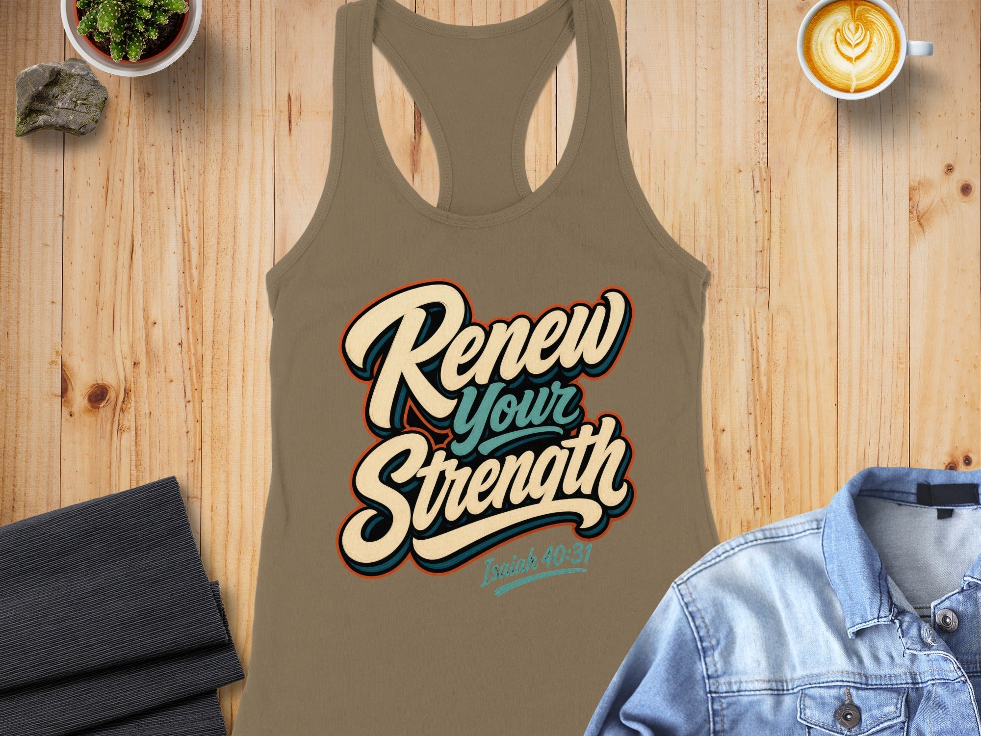 Taupe racerback tank top with "Renew Your Strength Isaiah 40:31" text.