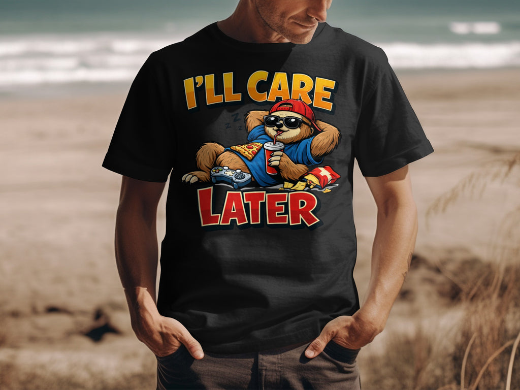 Black t-shirt with cartoon sloth eating pizza, playing video games, with text "I'll Care Later".