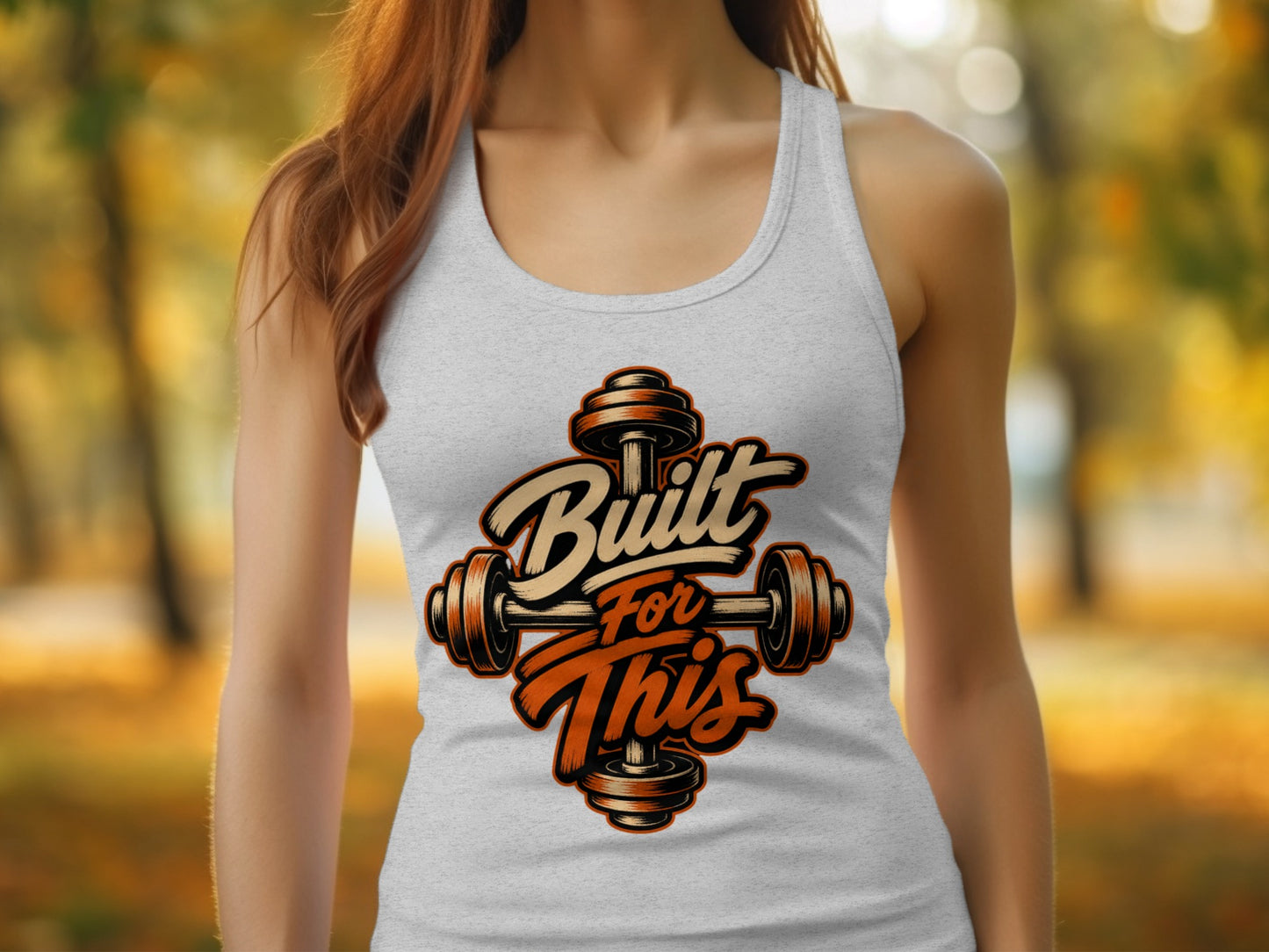 Light gray tank top with "Built For This" text and barbell graphic.