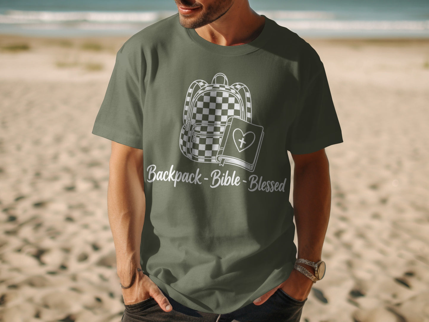 T-shirt with backpack, bible, and text "Backpack-Bible-Blessed".