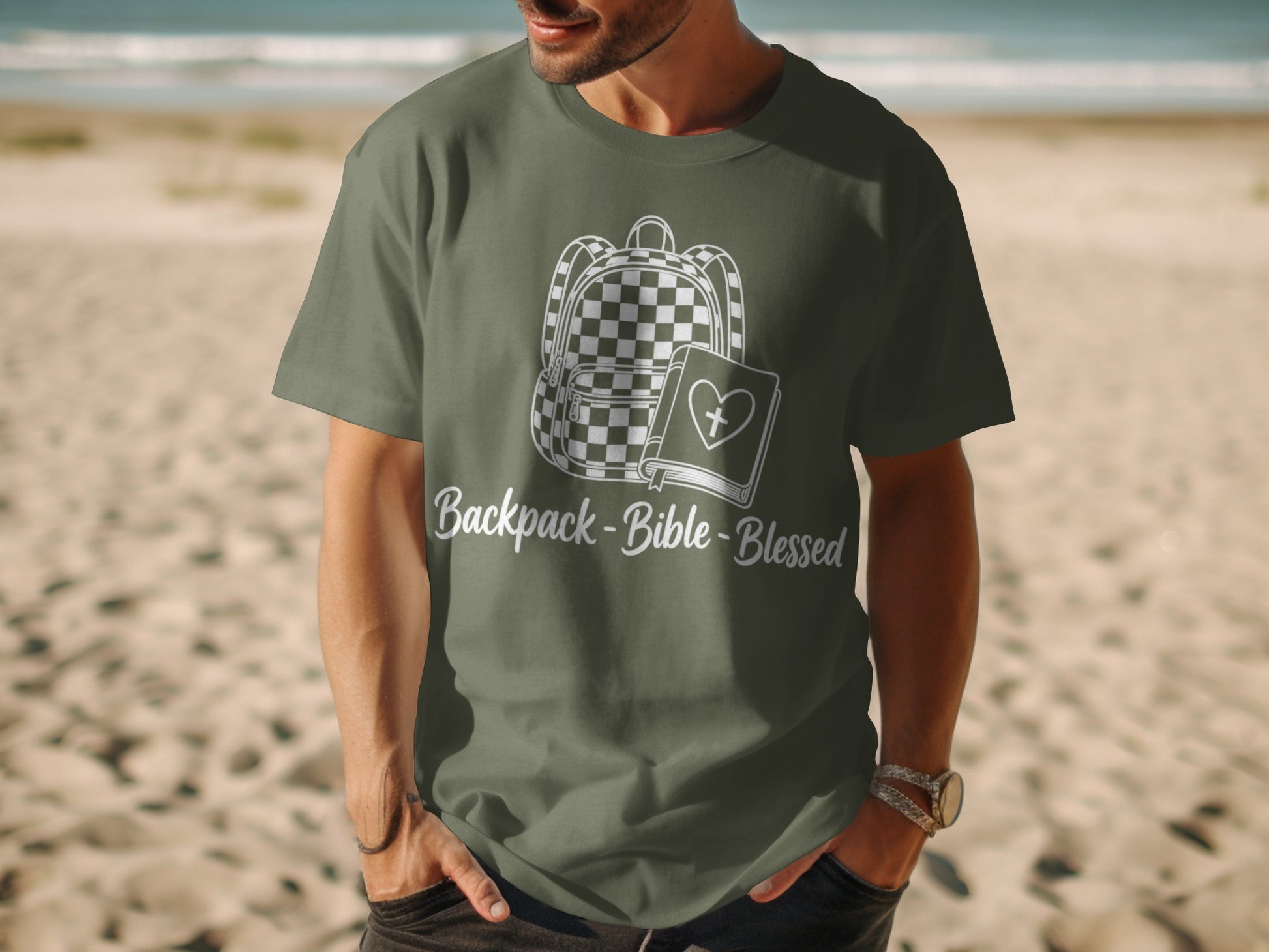 T-shirt with backpack, bible, and text "Backpack-Bible-Blessed".