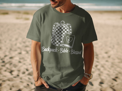 T-shirt with backpack, bible, and text "Backpack-Bible-Blessed".
