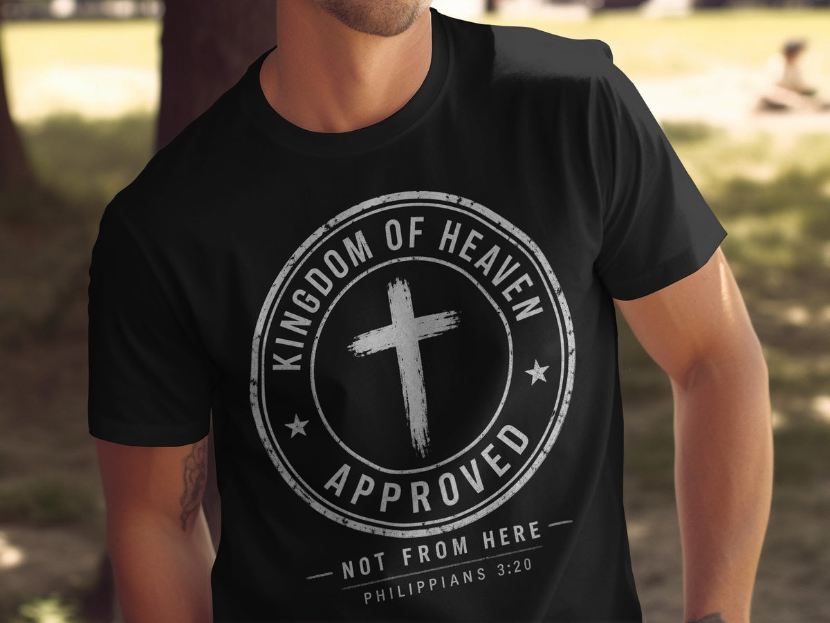 Black t-shirt with "Kingdom of Heaven Approved" text and a cross.