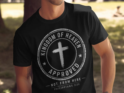 Black t-shirt with "Kingdom of Heaven Approved" text and a cross.