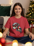 Red t-shirt with cartoon dog in cycling gear and helmet.