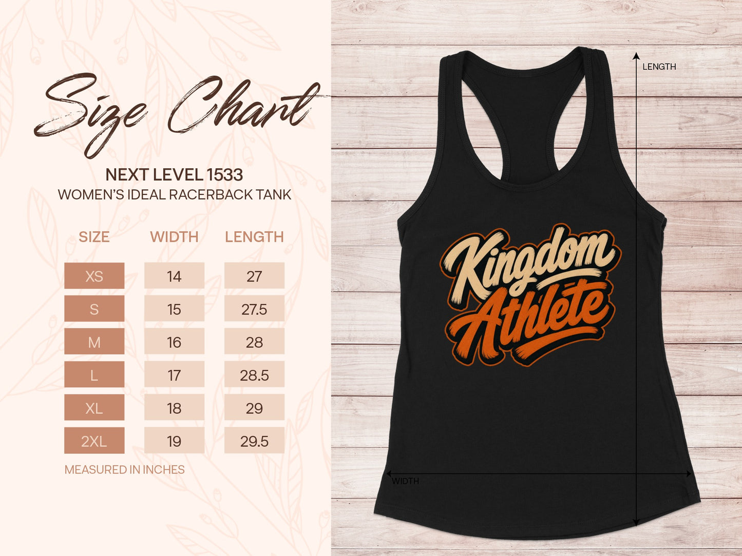 Size chart for Next Level 1533 Women's Ideal Racerback Tank, measured in inches.