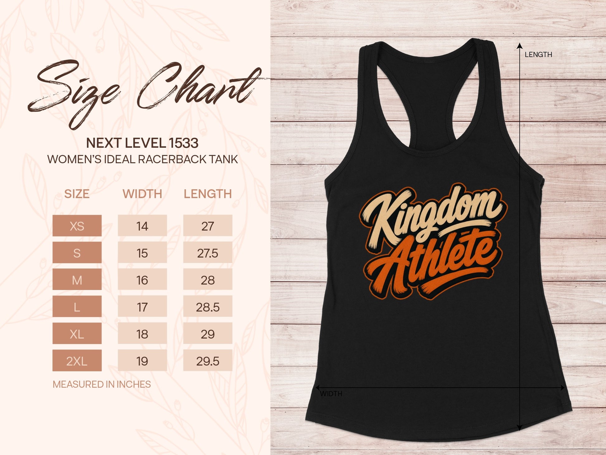 Size chart for Next Level 1533 Women's Ideal Racerback Tank, measured in inches.