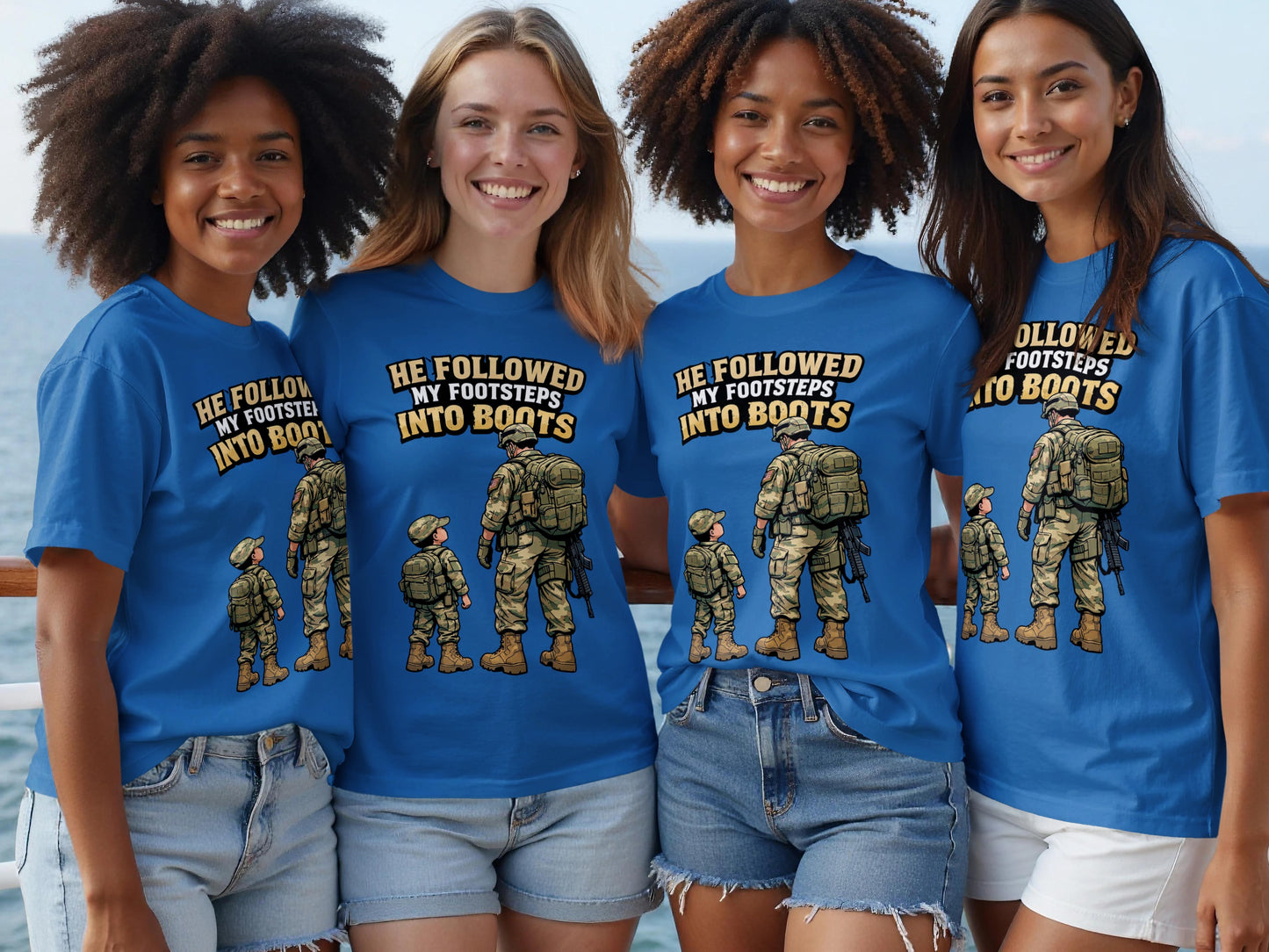 Four women wear blue t-shirts with text and an illustration of a soldier and child.