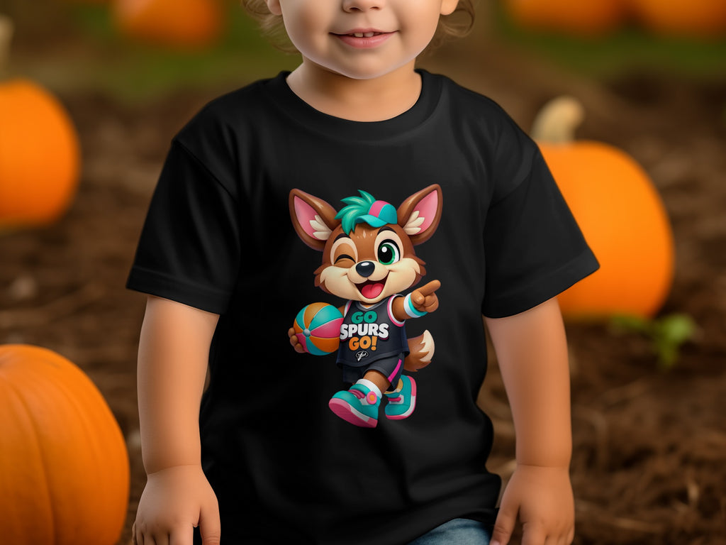 Black t-shirt with cartoon dog holding basketball, text "GO SPURS GO!".