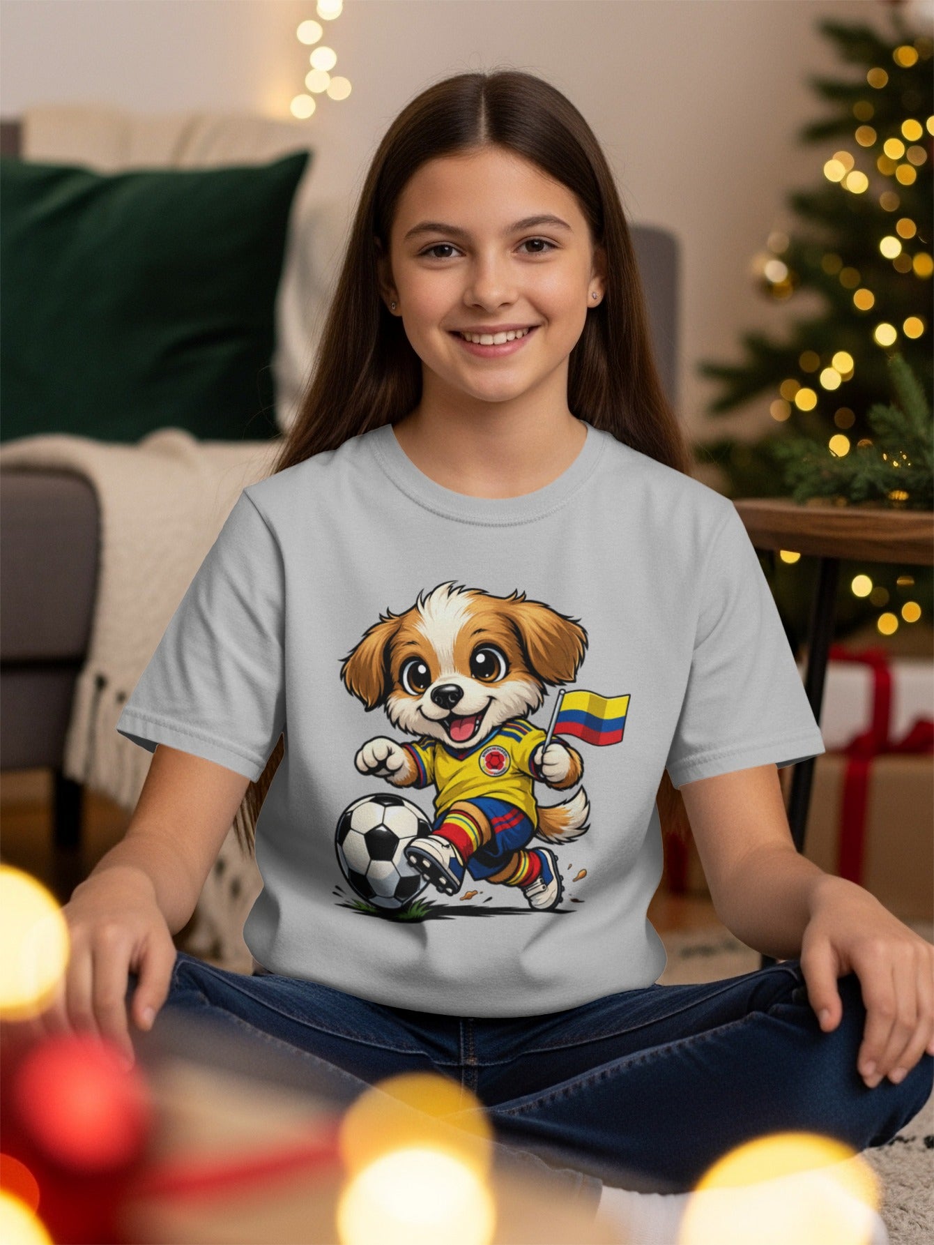 Animated dog in soccer uniform kicking ball, holding Colombia flag, on gray t-shirt.