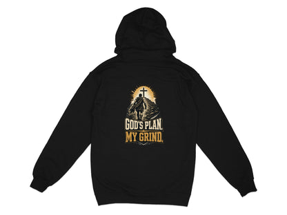 Black hoodie back print with man walking towards cross and text "God's Plan. My Grind."