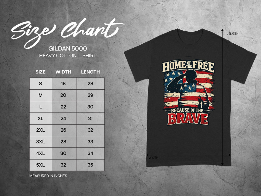 Gildan 5000 t-shirt size chart with width and length measurements in inches.