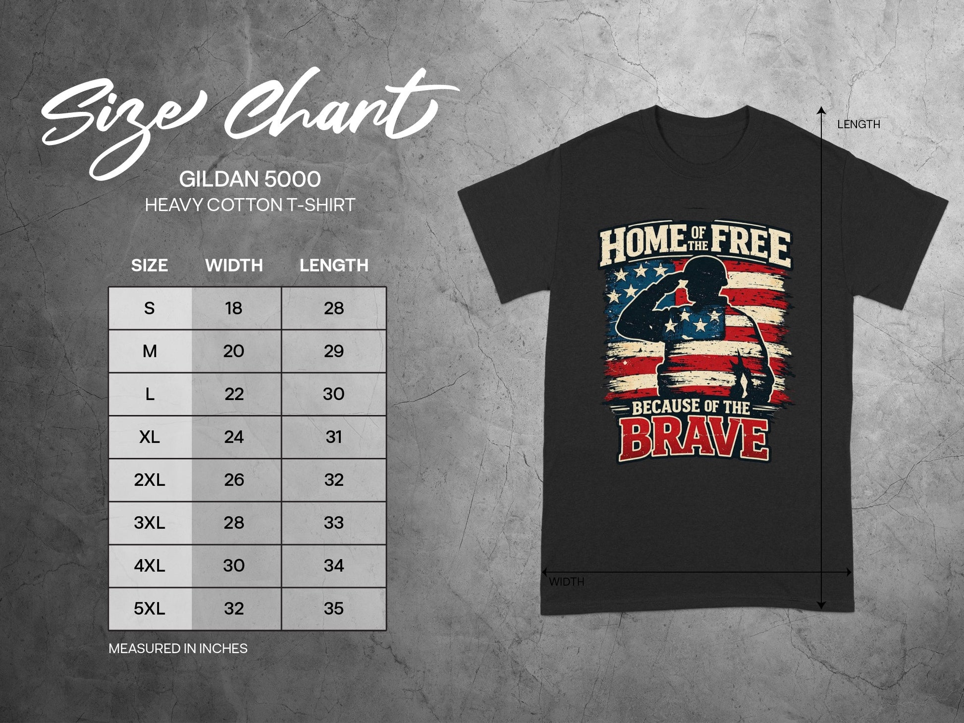 Gildan 5000 t-shirt size chart with width and length measurements in inches.