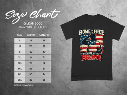 Gildan 5000 t-shirt size chart with width and length measurements in inches.