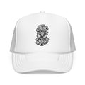 White trucker cap with embroidered "Move First" text and a lion graphic.