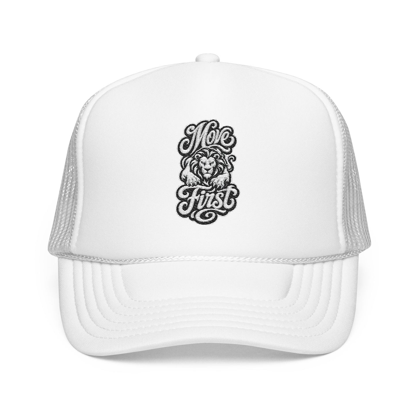 White trucker cap with embroidered "Move First" text and a lion graphic.