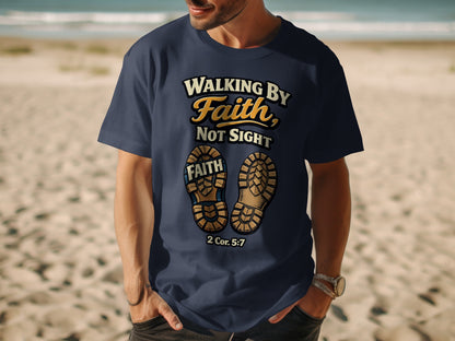 Navy t-shirt with "Walking by Faith, Not Sight" and boot prints.