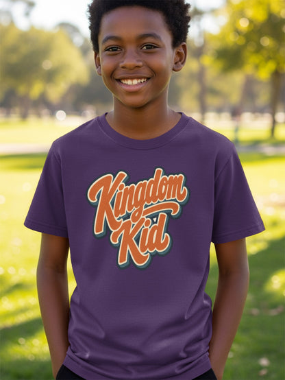 Kid wearing a purple t-shirt with "Kingdom Kid" text in orange and white.