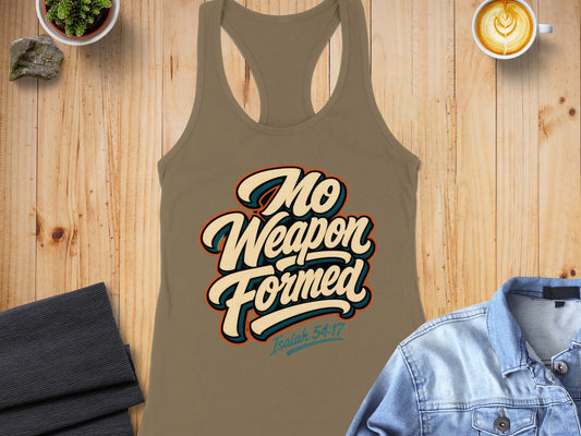 Soldier shirt with "No Weapon Formed" and "Isaiah 54:17" text.