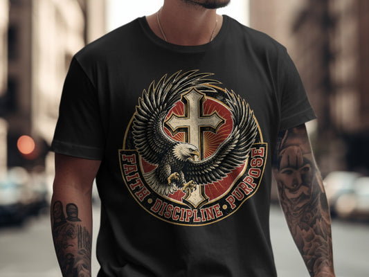 Black t-shirt with an eagle and cross graphic reading "Faith Discipline Purpose."