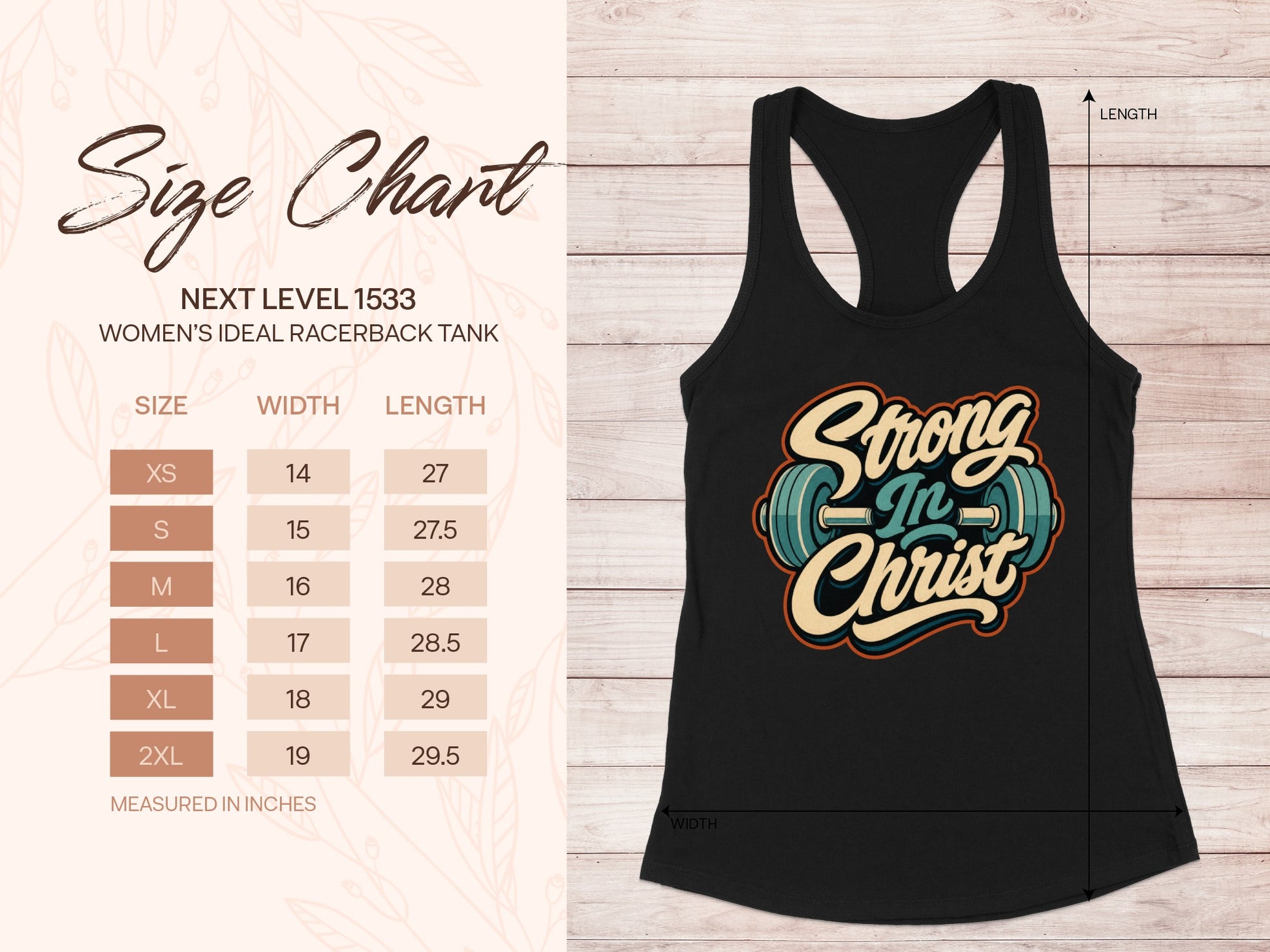 Black racerback tank with "Strong In Christ" text and barbell graphic. Size chart included.