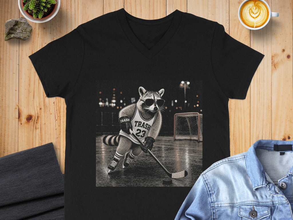 Raccoon playing hockey on an ice rink wearing sunglasses and jersey with "Trash 23"