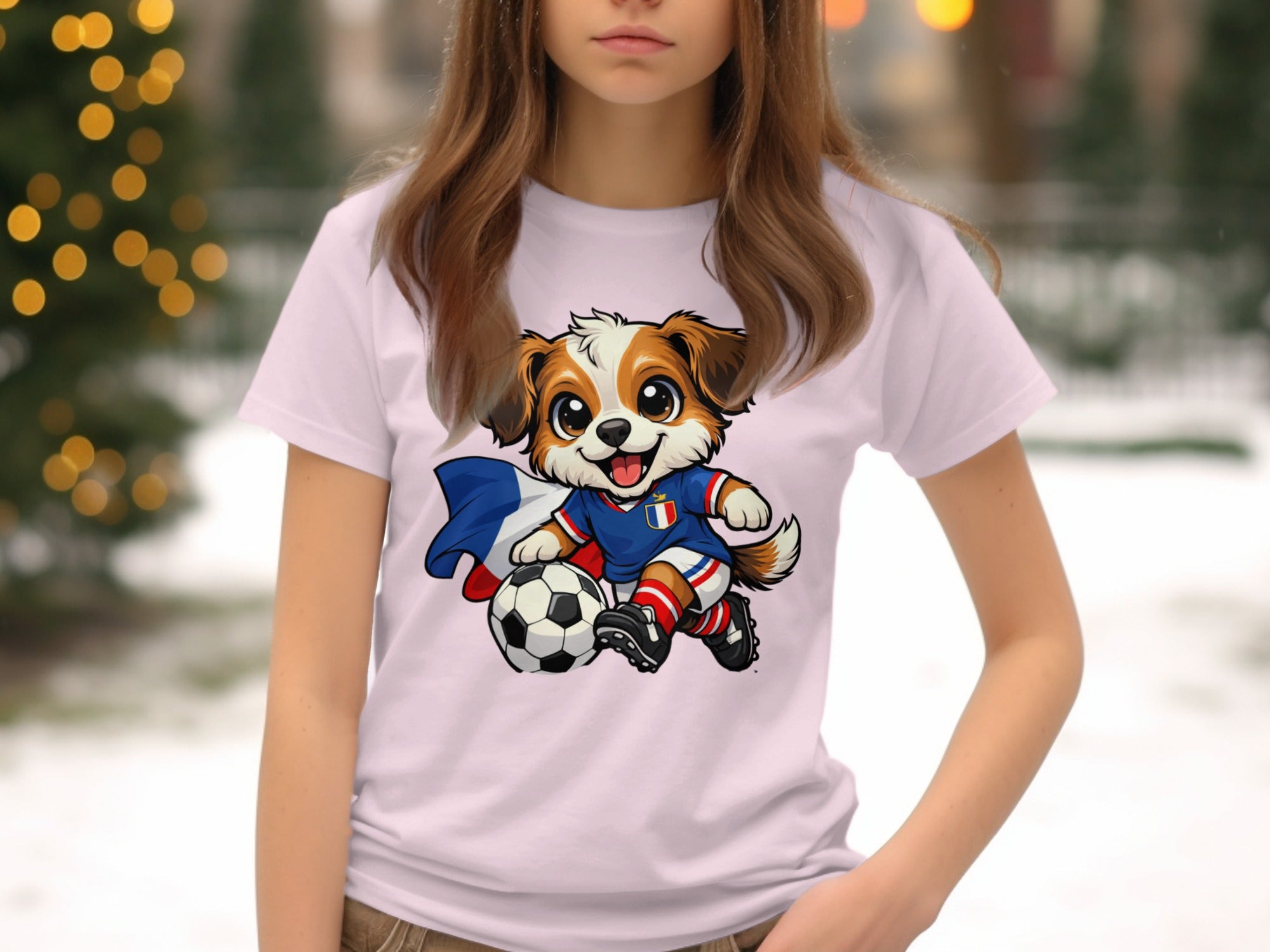 Cartoon dog wearing French soccer jersey and flag, dribbling a soccer ball.