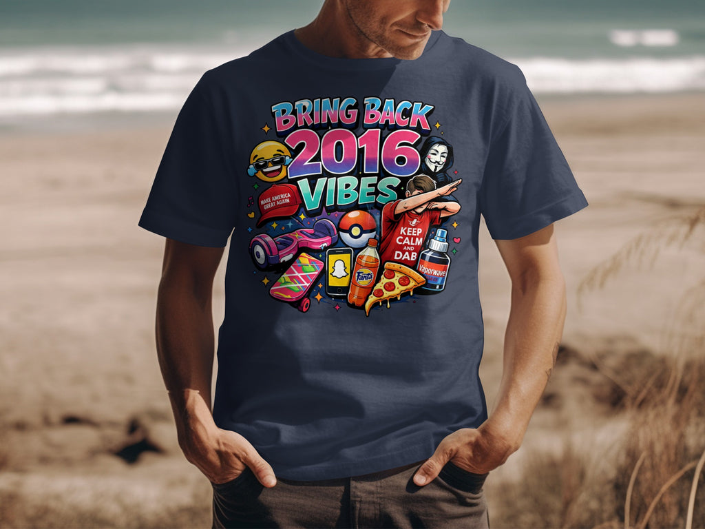 Dark t-shirt with "Bring Back 2016 Vibes" and 2016 pop culture icons.