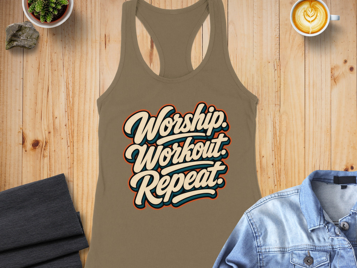Tan tank top with "Worship. Workout. Repeat." text and denim jacket detail.