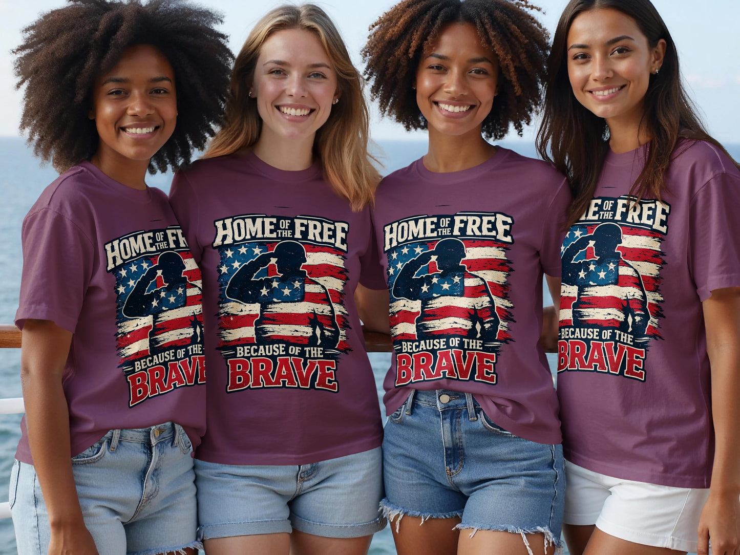 Four women wear matching maroon t-shirts with a distressed American flag and a soldier saluting graphic and text.