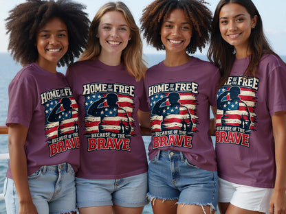Four women wear matching maroon t-shirts with a distressed American flag and a soldier saluting graphic and text.