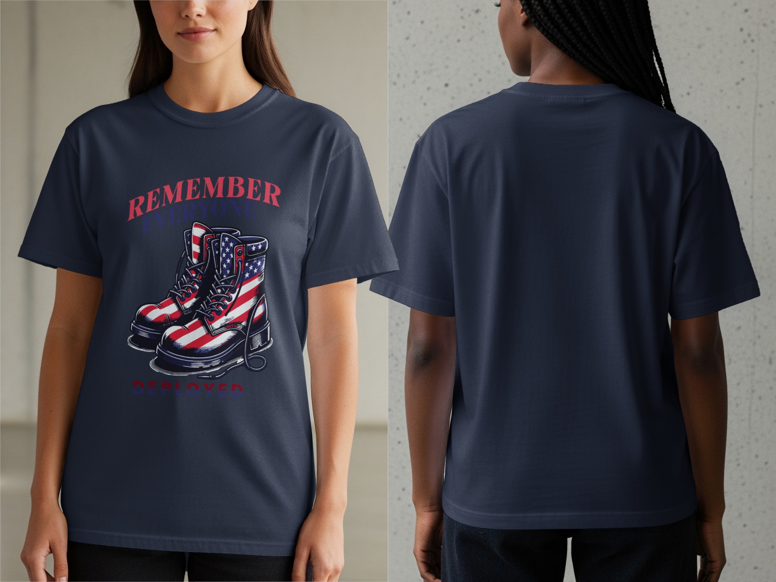 Navy t-shirt with American flag-patterned combat boots and text "REMEMBER EVERYONE DEPLOYED".