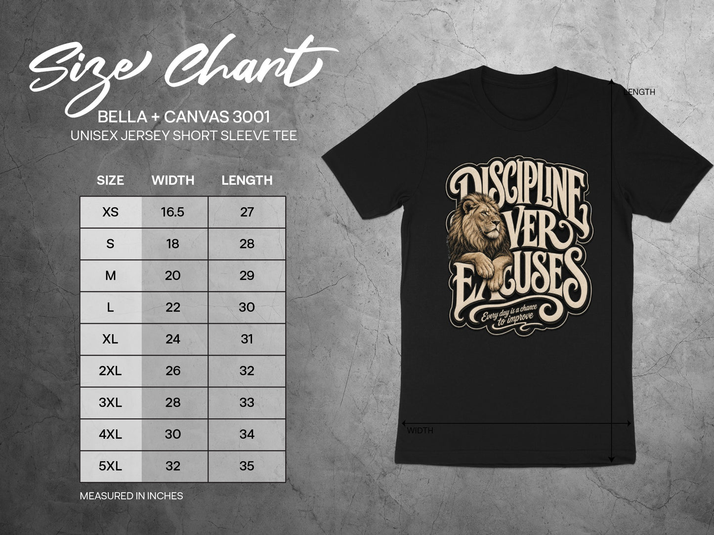 Size chart for Bella + Canvas 3001 unisex tee with lion graphic and motivational quote.