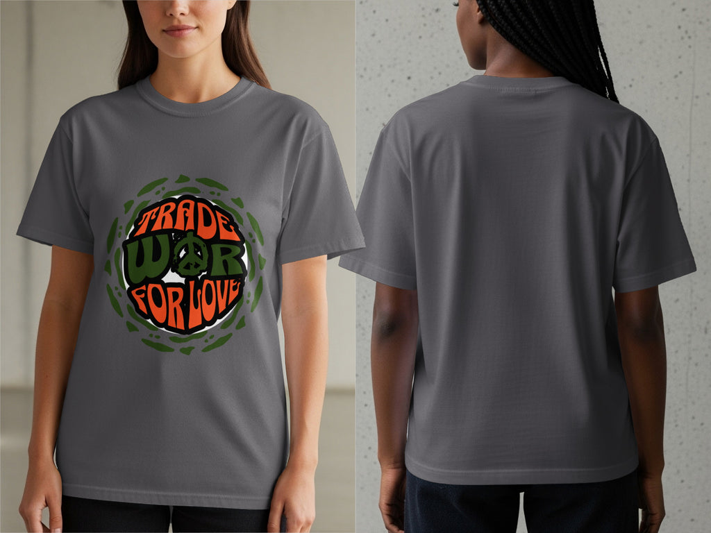 Grey t-shirt with "Trade War For Love" text and peace symbol graphic.