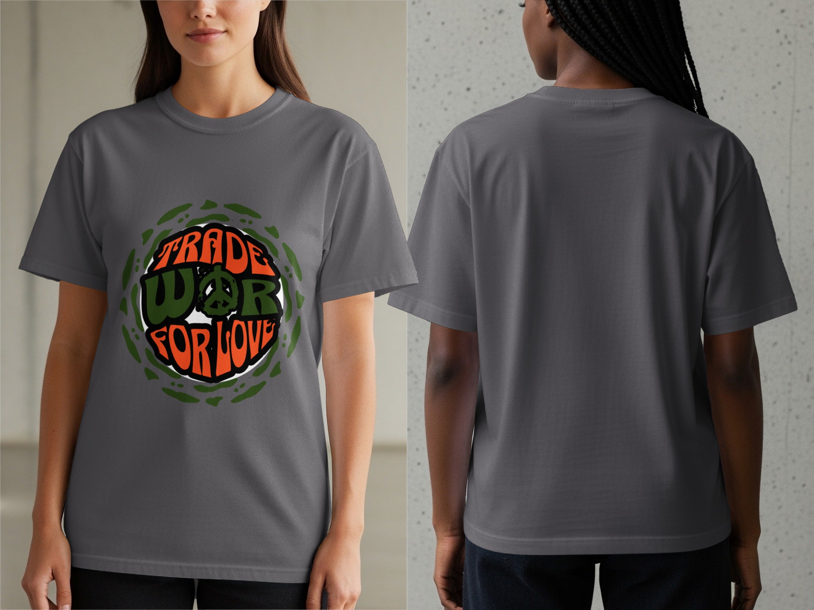 Grey t-shirt with "Trade War For Love" text and peace symbol graphic.